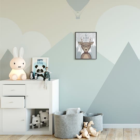 Stupell Industries Snowy Mountains Cartoon Deer Be Kind Sentiment Framed Wall Art